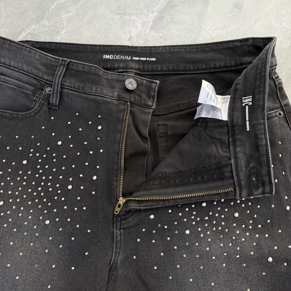 NWOT Women’s INC Denim High-Rise Rhinestone Studded Flare Jeans Plus Size 14 - Picture 6 of 16